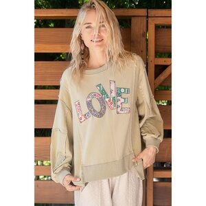 POL Light Olive Love Letter Patched French Terry Sweatshirt